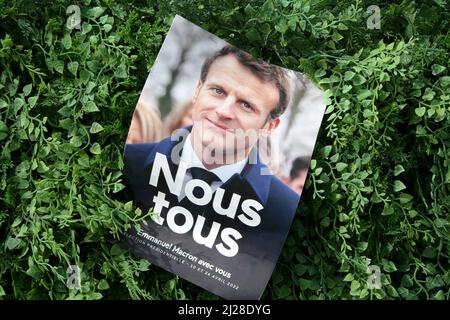 Nice, France. 29th Mar, 2022. Emmanuel Macron's presidential election 2022 leaflet seen in Nice. The first round of the French Presidential Election 2022 will take place on Sunday 10th April 2022. (Photo by Dinendra Haria/SOPA Images/Sipa USA) Credit: Sipa USA/Alamy Live News Stock Photo