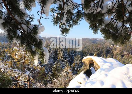 Late winter afternoon scene in Příhrazské skály, Bohemian Paradise, Czech Republic. Stock Photo