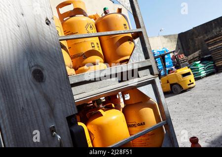 yellow full calor gas canisters in a fuel depot store in westport county mayo republic of ireland Stock Photo