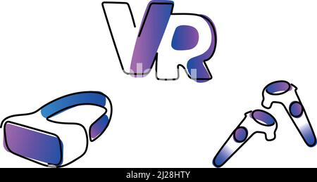 Flat one line icons for theme VR with gradient colored accents. Virtual reality. Logo, letters V and R, headset, glasses, controllers. Stock Vector