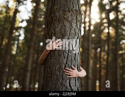 Trees deserve love too. Shot of an unidentifiable young woman hugging a tree in the forest. Stock Photo