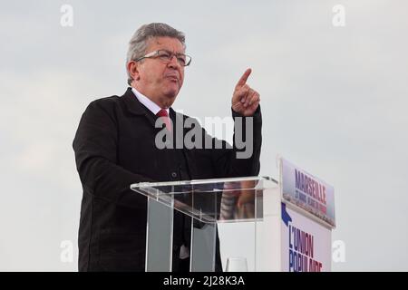 Jean-Luc Melenchon seen on stage during his political rally in Marseille. Jean-Luc Melenchon is a candidate of the left-wing party 'La France Insoumise' in the French presidential election of 2022.He is currently third in the polls for the 1st round of the election. Stock Photo