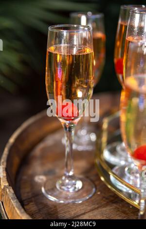 Non-alcoholic drinks served with a cherry inside the clear class Stock Photo