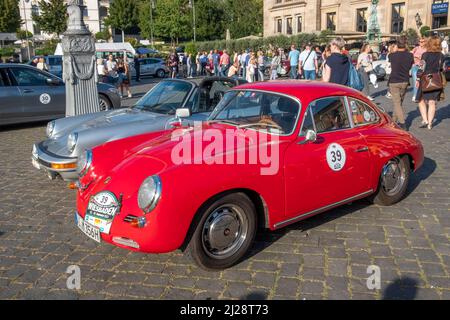 Wiesbaden, Germany - 24. September  2021:  the Porsche 356 SC reaches the final goal  of the Oldtimer ralley Wiesbaden in Wiesbaden after a challenge Stock Photo