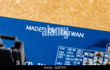 Made in Taiwan label, electronics, desktop PC components and parts, electronic device, appliance manufactured in Taiwan, object closeup, detail nobody Stock Photo