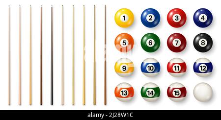 Colorful billiard balls with numbers and various pool cues. Glossy snooker ball. Sports equipment. Vector illustration. Stock Vector