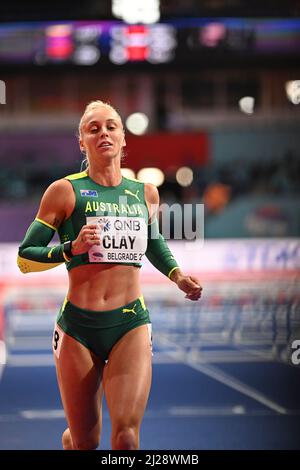 Liz Clay participating in the Belgrade 2022 World Indoor Championships in the 60m hurdles. Stock Photo