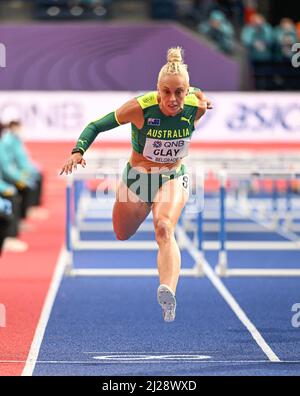 Liz Clay participating in the Belgrade 2022 World Indoor Championships in the 60m hurdles. Stock Photo