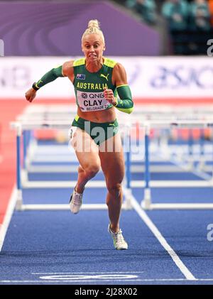 Liz Clay participating in the Belgrade 2022 World Indoor Championships in the 60m hurdles. Stock Photo