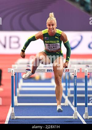 Liz Clay participating in the Belgrade 2022 World Indoor Championships in the 60m hurdles. Stock Photo