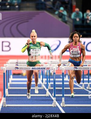 Liz Clay participating in the Belgrade 2022 World Indoor Championships in the 60m hurdles. Stock Photo