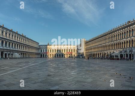 Venice, Italy - July 5, 2021: empty St. Mark's square in Venice in early morning. Stock Photo