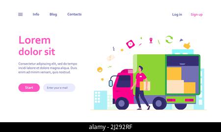 Courier with truck delivering order. Man carrying box from shipping lorry with other packages. Vector illustration for delivery service, transport, lo Stock Vector