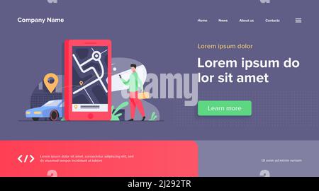 Customer using online app for taxi order or car rent. Man searching cab on city map. Vector illustration for car sharing service, city transportation, Stock Vector