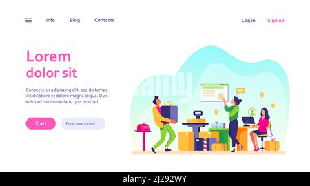 People working at post office flat vector illustration. Shipping and delivery service concept. Mail and parcels delivery cycle. Work process inside vi Stock Vector