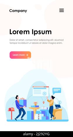 People working at post office flat vector illustration. Shipping and delivery service concept. Mail and parcels delivery cycle. Work process inside vi Stock Vector