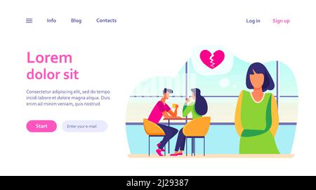 Sad woman with broken heart standing near happy couple. Date, girl, girlfriend flat vector illustration. Love and relationship concept for banner, web Stock Vector