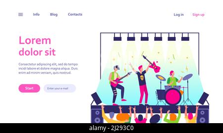 Famous rock band playing music and singing at stage flat vector illustration. Cartoon crowd of people standing near scene and waving hands. Concert an Stock Vector