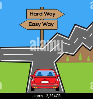 Easy way vs hard way choice dilemma concept. Wooden sign indicating the direction of easy way and hard way. Stock Vector