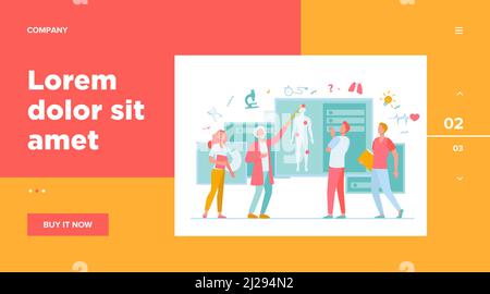 Senior professor lecturing students group in classroom. Grey haired doctor pointing at body silhouette, explaining human anatomy. Vector illustration Stock Vector
