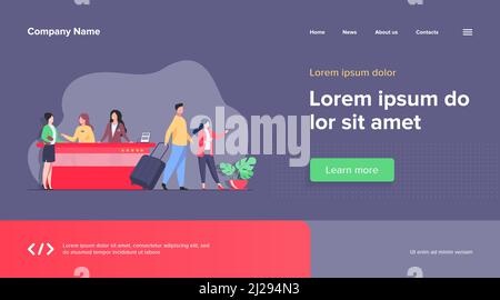 Friendly receptionists from hotel registration desk help client vector illustration. People waiting in queue for consultation. Concierge talking with Stock Vector