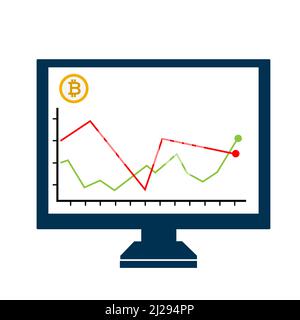 Illustration of bitcoin price movement on computer screen. Vector Illustration on white background. Stock Vector