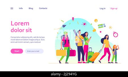 Group of tourists with suitcases and bags standing in airport. Families, elderly couples travelling with luggage. Vector illustration for trip, journe Stock Vector