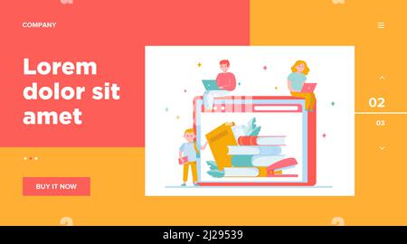 Tiny people reading books in online library. Internet, laptop, technology flat vector illustration. Knowledge and education concept for banner, websit Stock Vector