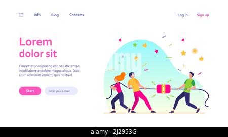 Groups of people pulling rope in tug of war play. Struggling team competing with each other. Vector illustration for game, contest, competition, confr Stock Vector