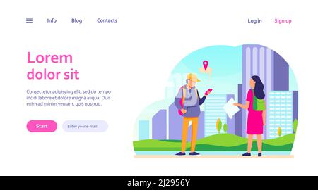 Tourist with paper map asking destination. Man explaining way to woman, using location app on cell flat vector illustration. Navigation, travel concep Stock Vector