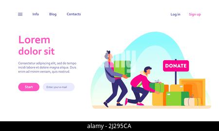Volunteers donating stuff in boxes for poor people. Service, homeless, kindness flat vector illustration. Charity and care concept for banner, website Stock Vector