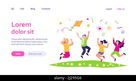 Happy children playing in summer park flat vector illustration. Cartoon cute boys and girls jumping with kite on meadow. Kindergarten and holiday conc Stock Vector