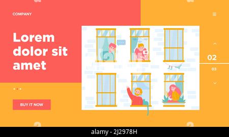 Apartment open windows with friendly neighbors flat vector illustration. Young people living in one building, man with cat talking with other guy. Lif Stock Vector