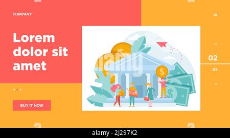 Business people with money and credit card standing near bank building. Queue of customers visiting bank office. Flat vector illustration for finance, Stock Vector
