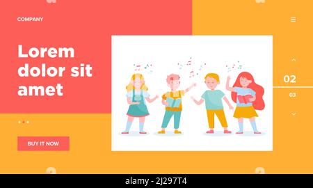 Cartoon children choir flat vector illustration. Cute kids singing song at music school, church or vocal group. Friendship, music and performance conc Stock Vector