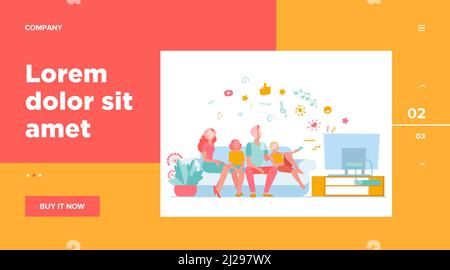 Cartoon happy family watching television together isolated flat vector illustration. Mother, father and kids relaxing on couch at home. Technology, li Stock Vector