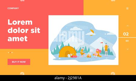 Children at campfire in mountain forest flat vector illustration. Cartoon scouts camping, sitting near fire and frying marshmallow. Adventure and summ Stock Vector