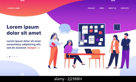Colleagues working together on project flat vector illustration. Cartoon employees sharing ideas and skills for company success. Teamwork and brainsto Stock Vector