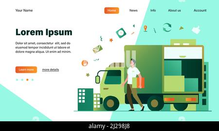 Courier with truck delivering order. Man carrying box from shipping lorry with other packages. Vector illustration for delivery service, transport, lo Stock Vector