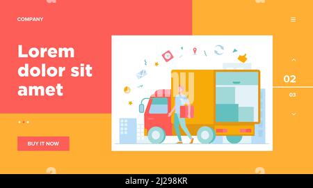 Courier with truck delivering order. Man carrying box from shipping lorry with other packages. Vector illustration for delivery service, transport, lo Stock Vector