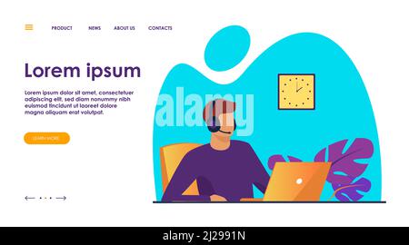 Customer support representatives working in call center. People in headset working at laptop in office flat vector illustration. Support service conce Stock Vector