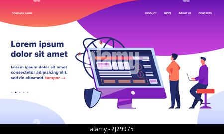 Developers testing software. Man with laptops watching infographics, fixing bugs, using computer. Vector illustration for application, programming, co Stock Vector