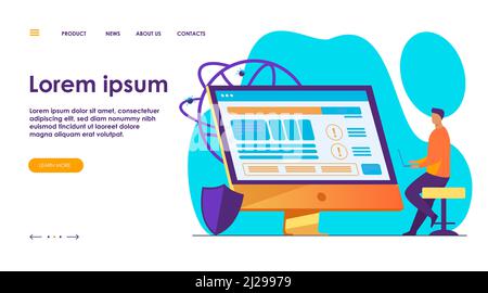 Developers testing software. Man with laptops watching infographics, fixing bugs, using computer. Vector illustration for application, programming, co Stock Vector
