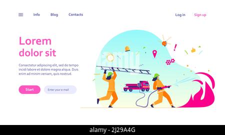 Brave firefighters wearing uniform and helmets firefighting isolated flat vector illustration. Cartoon firemen team watering fire. Safety, rescue and Stock Vector