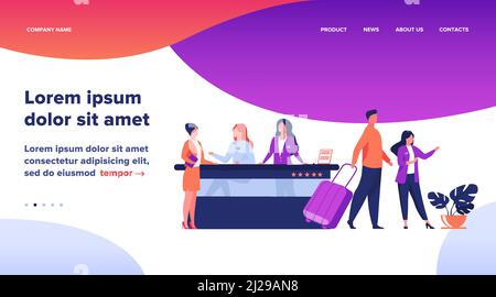 Friendly receptionists from hotel registration desk help client vector illustration. People waiting in queue for consultation. Concierge talking with Stock Vector
