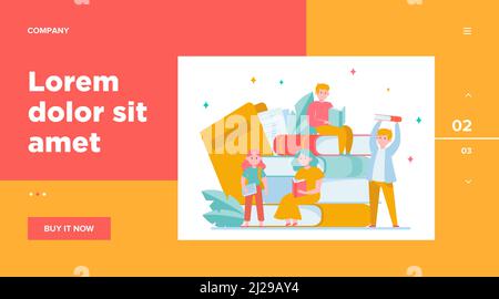 Focused tiny people reading books. Studying, story, library flat vector illustration. Knowledge and education concept for banner, website design or la Stock Vector