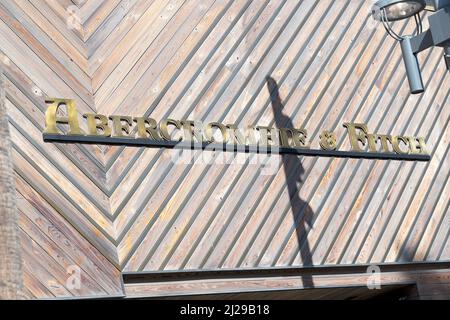 A shop sign of Abercrombie & Fitch, on March 28 2022 in Los Angeles CA, USA. Photo by David Niviere/ABACAPRESS.COM Stock Photo