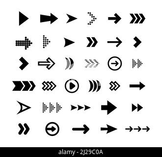 Big black arrows flat icon set. Modern abstract simple cursors, pointers and direction buttons vector illustration collection. Web design and digital Stock Vector