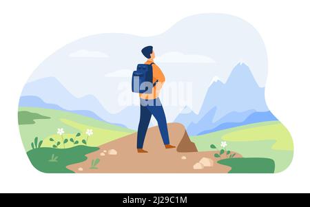 Active tourist hiking in mountain. Man wearing backpack, enjoying trekking, looking at snowcapped peaks. Vector illustration for nature, wilderness, a Stock Vector