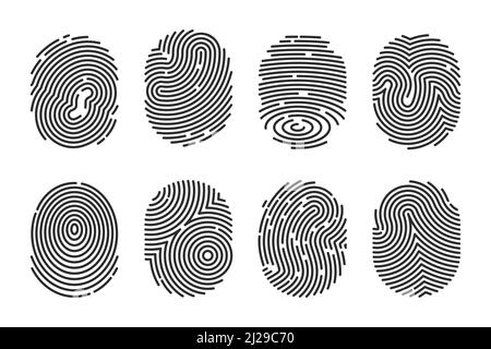 Black detailed fingerprints flat illustration set. Police electronic scanner of thumb print for crime data isolated on white background vector collect Stock Vector